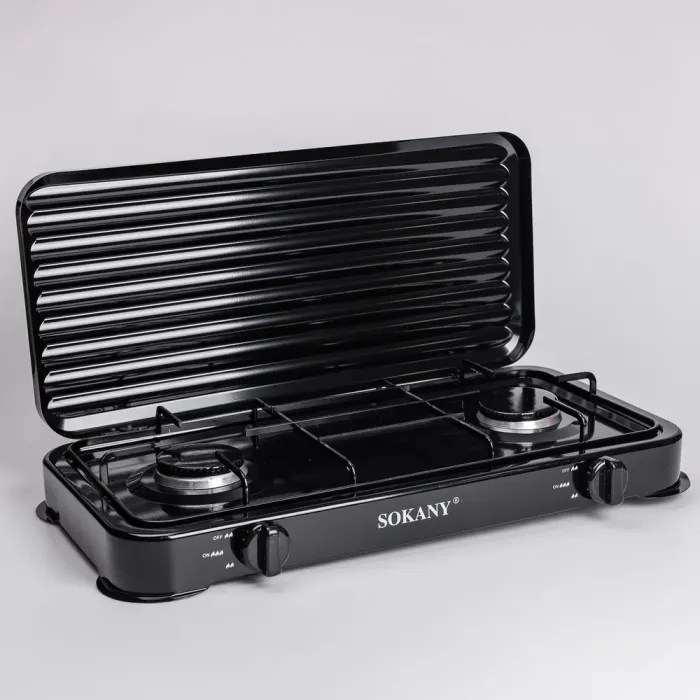Настольная газовая плита на 2 конфорки 4.4 кВт мини газовая плита для баллонного газа Черная Sokany (SK-6002B) - изображение 1