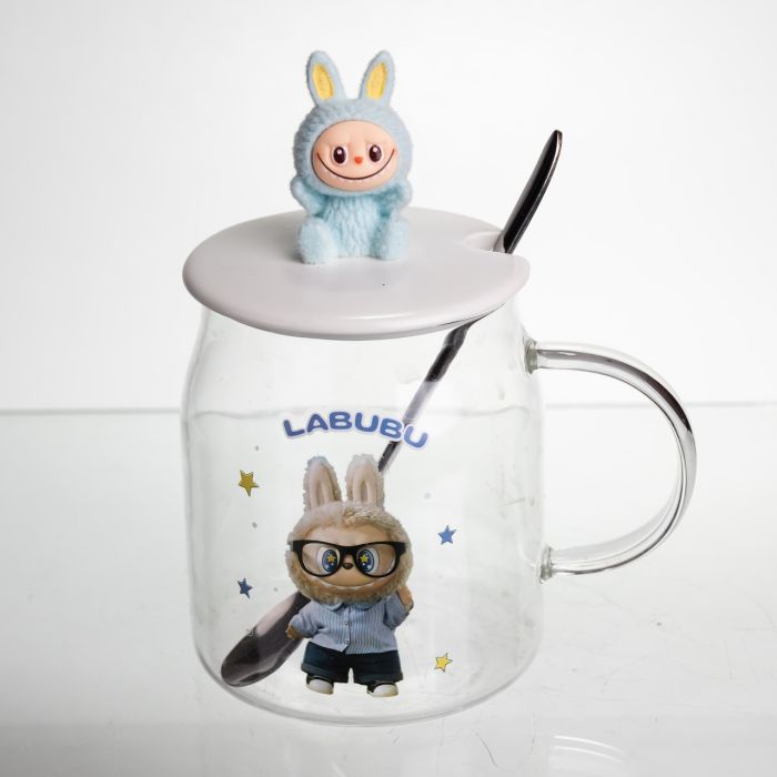 Новорічна велика скляна чашка "Лабубу" з кришкою та ложкою 600 мл, Святкова кружка чашка для дітей на подарунок Блакитний FM-56D (FM-56D) - зображення 2