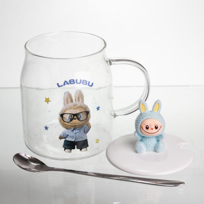 Новорічна велика скляна чашка "Лабубу" з кришкою та ложкою 600 мл, Святкова кружка чашка для дітей на подарунок Блакитний FM-56D (FM-56D) - зображення 4