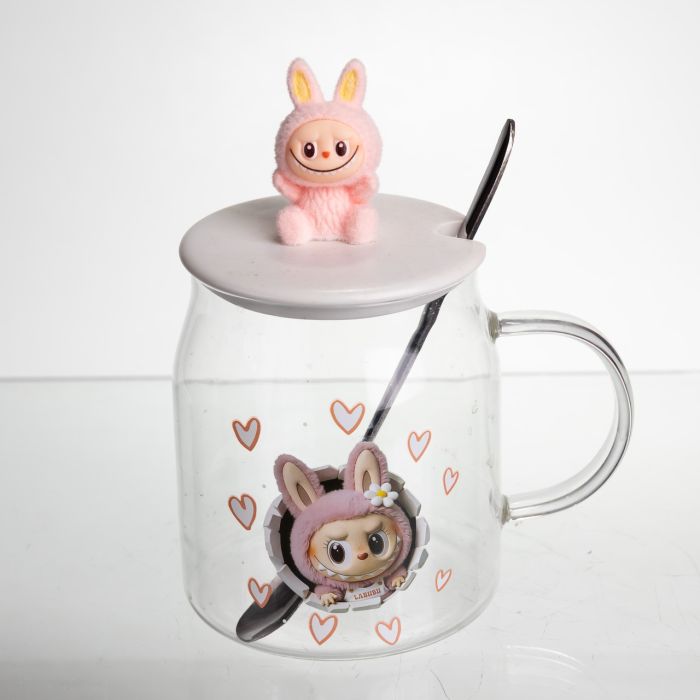 Новорічна велика скляна чашка "Лабубу" з кришкою та ложкою 600 мл, Святкова кружка чашка для дітей на подарунок Рожевий FM-56B (FM-56B) - зображення 2