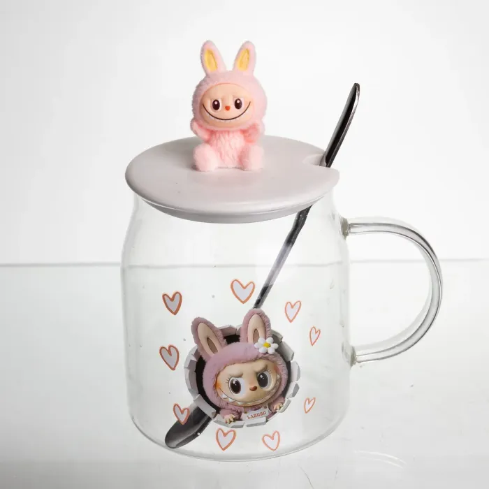 Новорічна велика скляна чашка "Лабубу" з кришкою та ложкою 600 мл, Святкова кружка чашка для дітей на подарунок Рожевий FM-56B (FM-56B) - зображення 2