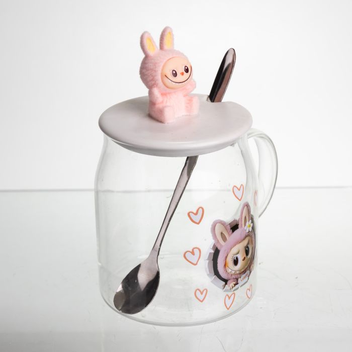 Новорічна велика скляна чашка "Лабубу" з кришкою та ложкою 600 мл, Святкова кружка чашка для дітей на подарунок Рожевий FM-56B (FM-56B) - зображення 3