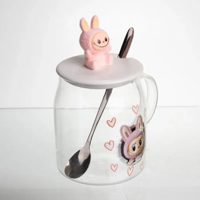 Новорічна велика скляна чашка "Лабубу" з кришкою та ложкою 600 мл, Святкова кружка чашка для дітей на подарунок Рожевий FM-56B (FM-56B) - зображення 3