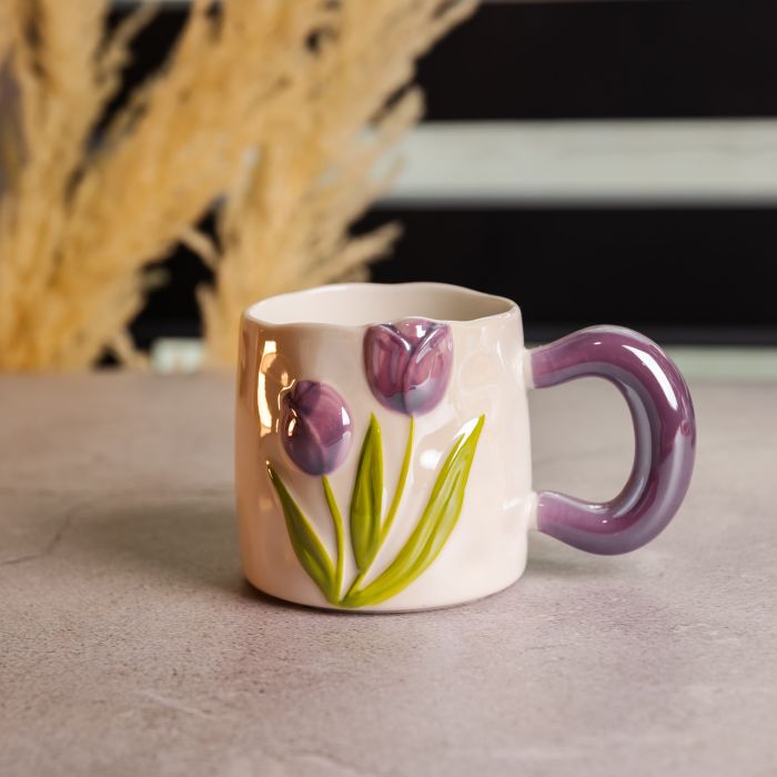 Новорічна порцелянова чашка для чаю та кави "Ніжний Тюльпан" з 3D-декором 400 мл, святкова кружка чашка на подарунок Фіолетовий FM-40C (FM-40C) - зображення 1
