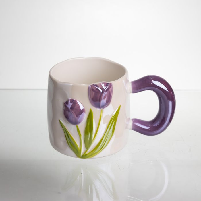 Новорічна порцелянова чашка для чаю та кави "Ніжний Тюльпан" з 3D-декором 400 мл, святкова кружка чашка на подарунок Фіолетовий FM-40C (FM-40C) - зображення 2