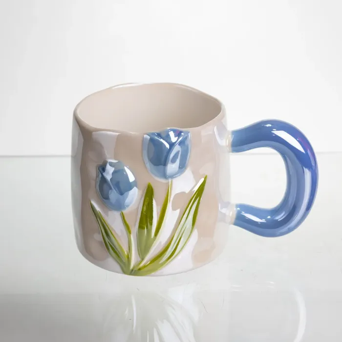 Новорічна порцелянова чашка для чаю та кави "Ніжний Тюльпан" з 3D-декором 400 мл, святкова кружка чашка на подарунок Блакитний FM-40D (FM-40D) - зображення 2