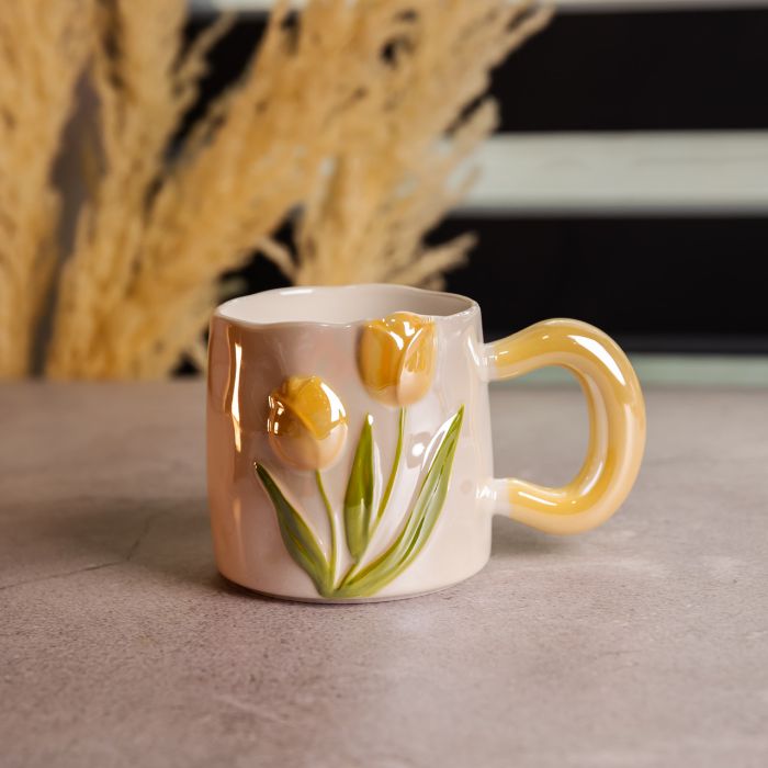 Новорічна порцелянова чашка для чаю та кави "Ніжний Тюльпан" з 3D-декором 400 мл, святкова кружка чашка на подарунок Помаранчевий FM-40B (FM-40B) - изображение 1