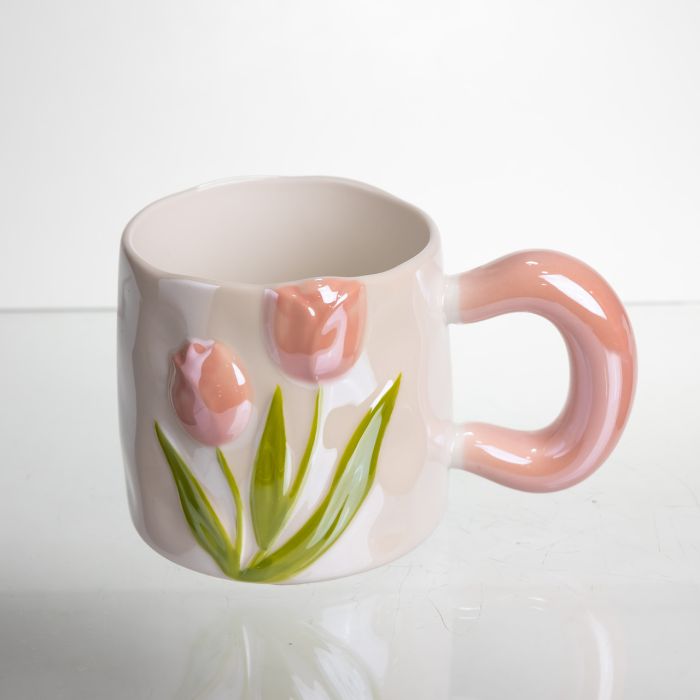 Новорічна порцелянова чашка для чаю та кави "Ніжний Тюльпан" з 3D-декором 400 мл, святкова кружка чашка на подарунок Рожевий FM-40A (FM-40A) - зображення 3
