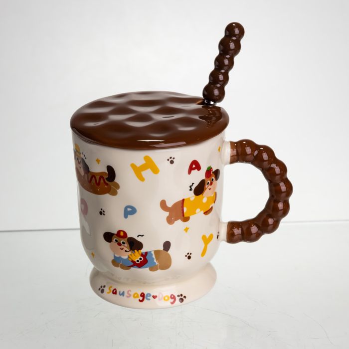 Новорічна порцелянова чашка "Весела Такса" з кришкою та ложкою 400 мл, Святкова кружка чашка для дітей на подарунок FM-17B (FM-17B) - зображення 2