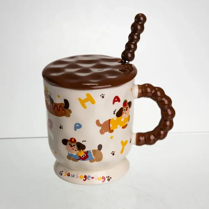 Новорічна порцелянова чашка "Весела Такса" з кришкою та ложкою 400 мл, Святкова кружка чашка для дітей на подарунок FM-17B (FM-17B) - зображення 2