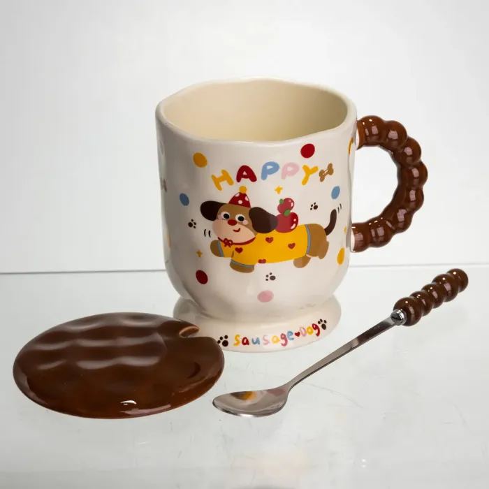 Новорічна порцелянова чашка "Весела Такса" з кришкою та ложкою 400 мл, Святкова кружка чашка для дітей на подарунок FM-17A (FM-17A) - зображення 3