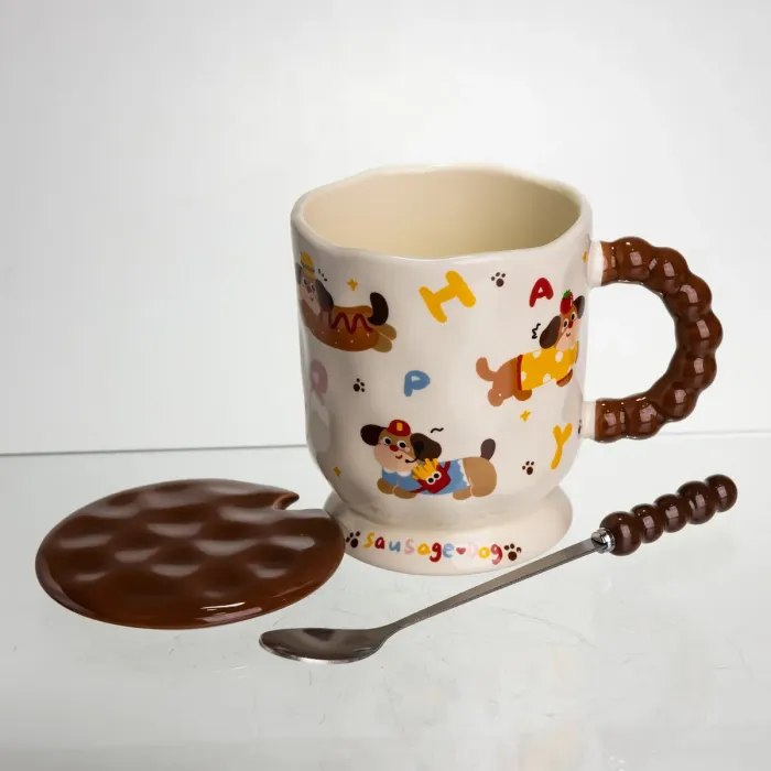 Новорічна порцелянова чашка "Весела Такса" з кришкою та ложкою 400 мл, Святкова кружка чашка для дітей на подарунок FM-17B (FM-17B) - зображення 3