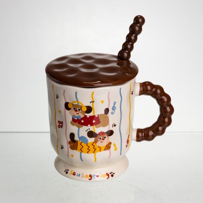 Новорічна порцелянова чашка "Весела Такса" з кришкою та ложкою 400 мл, Святкова кружка чашка для дітей на подарунок FM-17C (FM-17C) - зображення 3
