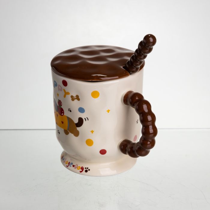 Новорічна порцелянова чашка "Весела Такса" з кришкою та ложкою 400 мл, Святкова кружка чашка для дітей на подарунок FM-17A (FM-17A) - зображення 4