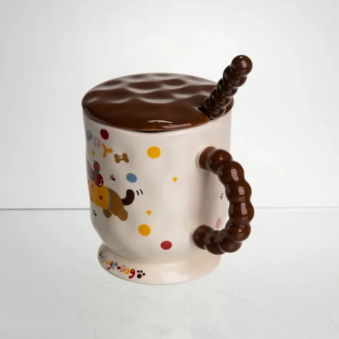 Новорічна порцелянова чашка "Весела Такса" з кришкою та ложкою 400 мл, Святкова кружка чашка для дітей на подарунок FM-17A (FM-17A) - зображення 4