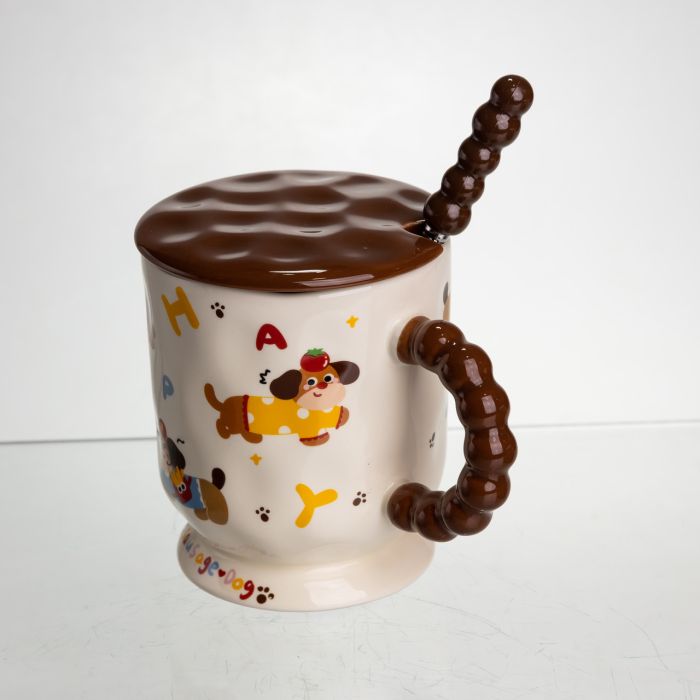 Новорічна порцелянова чашка "Весела Такса" з кришкою та ложкою 400 мл, Святкова кружка чашка для дітей на подарунок FM-17B (FM-17B) - зображення 4