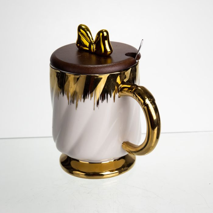 Новорічна порцелянова чашка «Золотий Вихор» 450 мл з кришкою і ложкою Yiwu FM-23D (FM-23D) - зображення 2