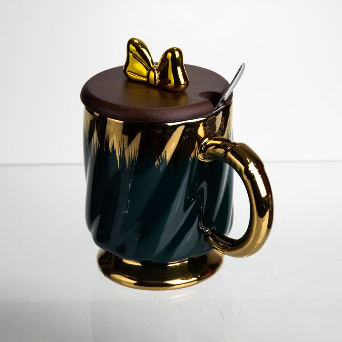 Новорічна порцелянова чашка «Золотий Вихор» 450 мл з кришкою і ложкою Yiwu FM-23A (FM-23A) - зображення 3