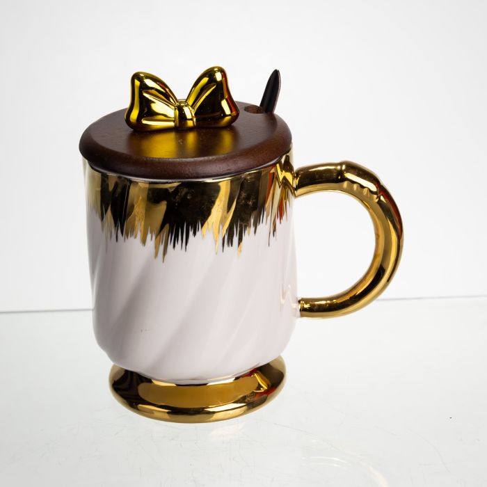 Новорічна порцелянова чашка «Золотий Вихор» 450 мл з кришкою і ложкою Yiwu FM-23D (FM-23D) - зображення 3