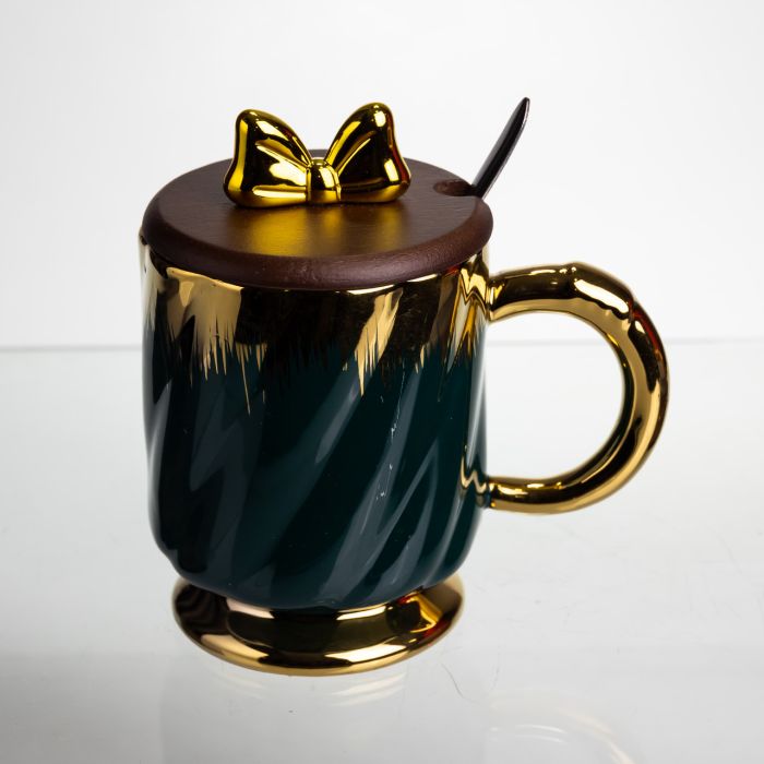 Новорічна порцелянова чашка «Золотий Вихор» 450 мл з кришкою і ложкою Yiwu FM-23A (FM-23A) - зображення 4