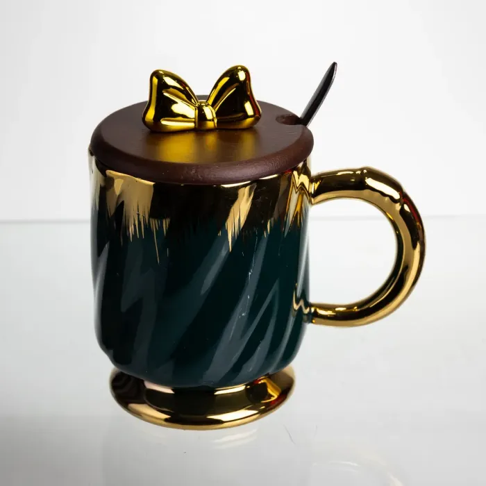 Новорічна порцелянова чашка «Золотий Вихор» 450 мл з кришкою і ложкою Yiwu FM-23A (FM-23A) - зображення 4