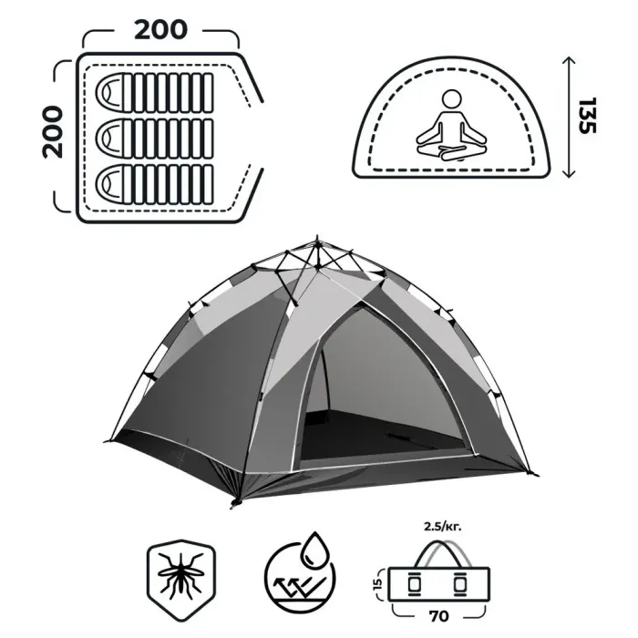 Намет кемпінговий автоматичний 2 місний туристичний для риболовлі з москітною сіткою легка літня (LU002GR) - зображення 9