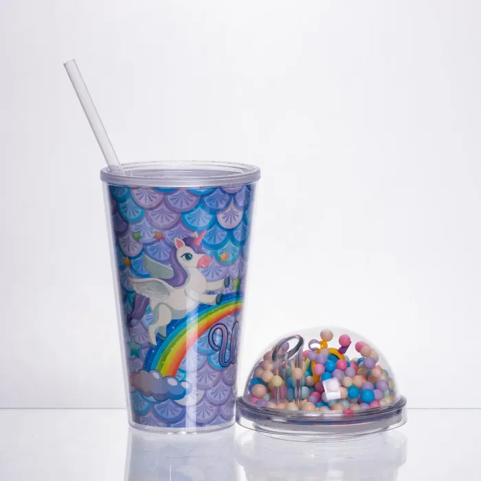 пластиковий стакан з трубочкою і кришкою 400 мл багаторазовий Блакитний HP-18-2Y (HP-18-2Y) - зображення 2