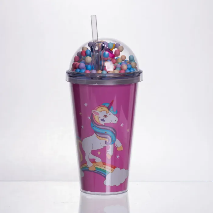 пластикова склянка з трубочкою та кришкою 400 (мл) багаторазова пластикова склянка Малиновий HP-18-2P (HP-18-2P) - зображення 1