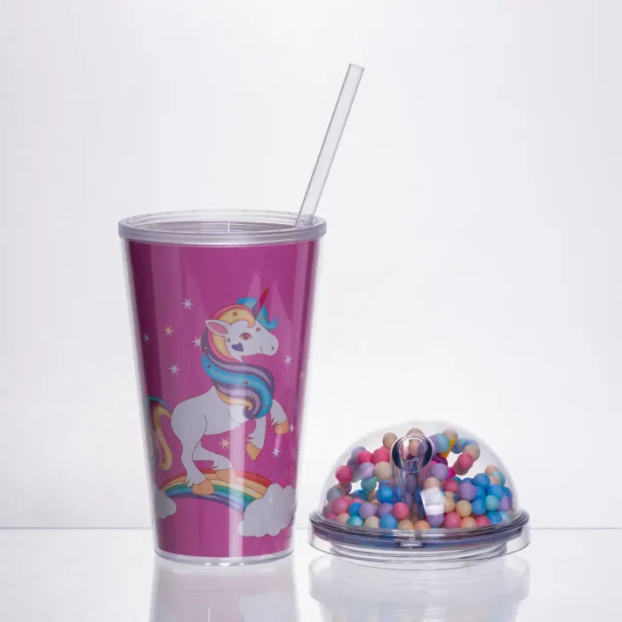 пластикова склянка з трубочкою та кришкою 400 (мл) багаторазова пластикова склянка Малиновий HP-18-2P (HP-18-2P) - зображення 2