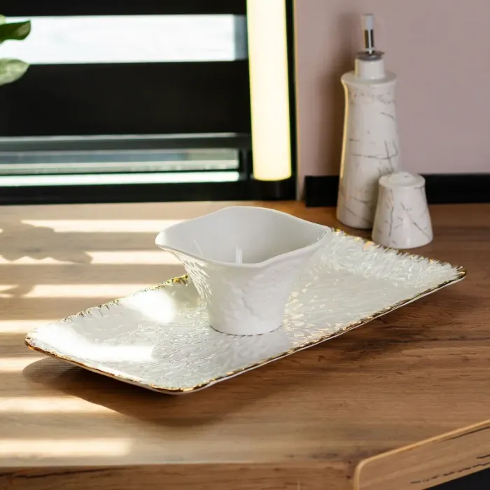 Прямоугольная тарелка 3519 см. Сервировочное блюдо плоское с золотым узором. (HP1009) - изображение 1