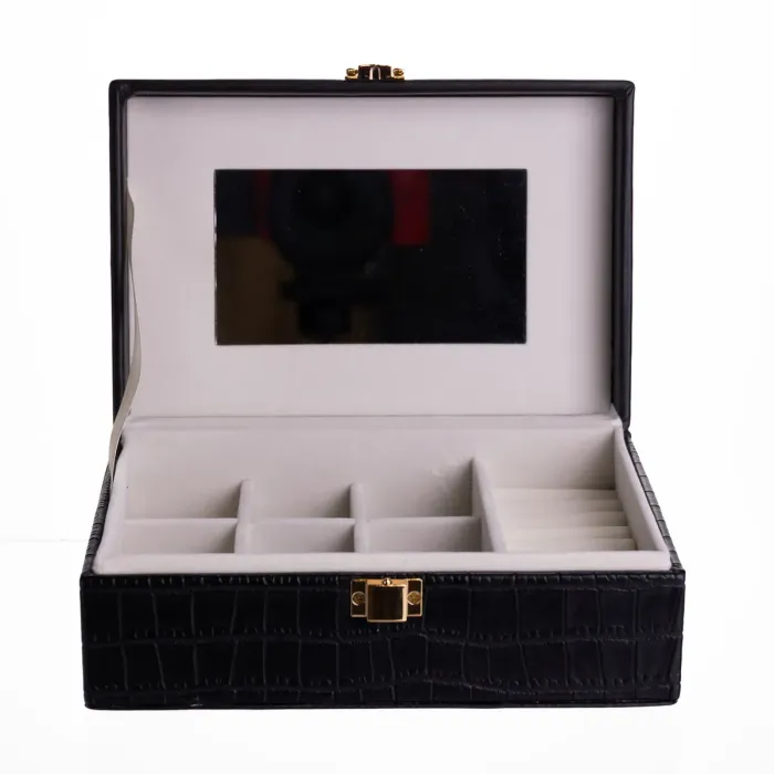 Скринька для прикрас з еко шкіри 10 відділень з дзеркалом 20×14×8 см Чорний HP-5-19B (HP-5-19B) - зображення 2