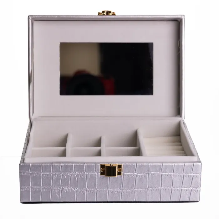 Скринька для прикрас з еко шкіри 10 відділень з дзеркалом 20×14×8 см Сірий HP-5-19G (HP-5-19G) - зображення 2