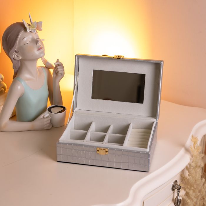 Скринька для прикрас з еко шкіри 10 відділень з дзеркалом 20×14×8 см Сірий HP-5-19G (HP-5-19G) - изображение 7