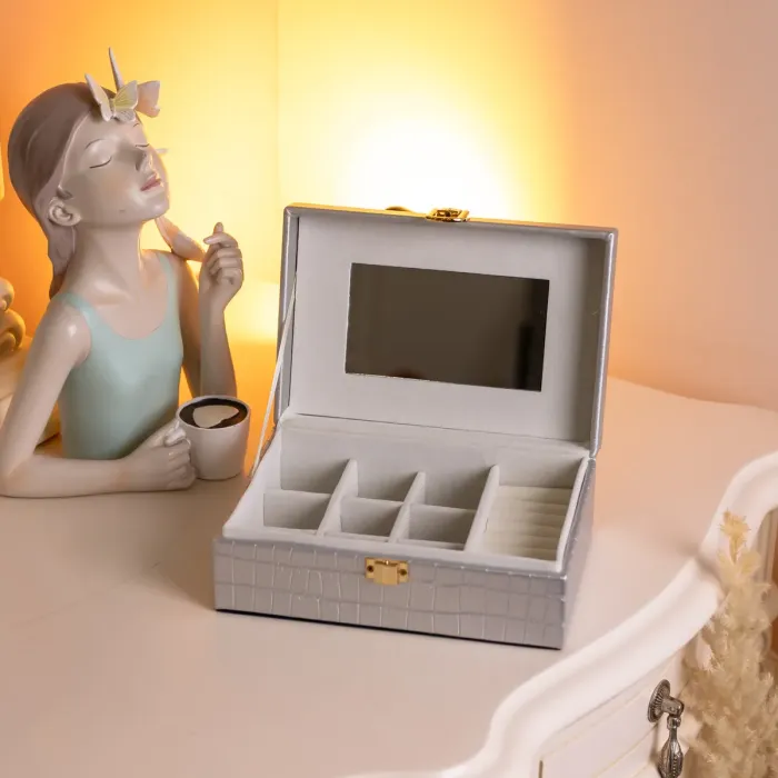 Скринька для прикрас з еко шкіри 10 відділень з дзеркалом 20×14×8 см Сірий HP-5-19G (HP-5-19G) - зображення 7