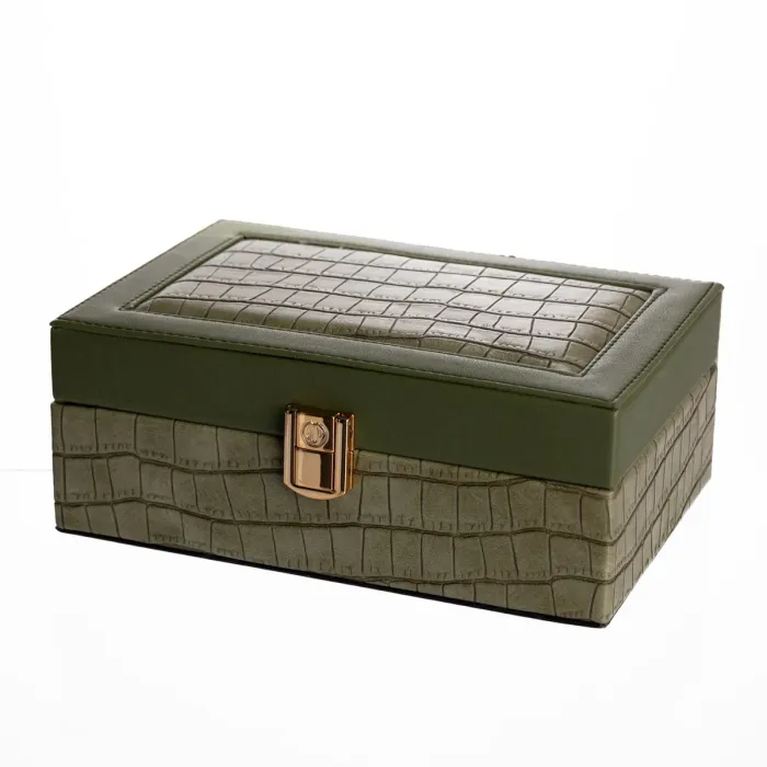 Скринька для прикрас з еко шкіри 10 відділень з дзеркалом 20×14×8 см Зелений HP-5-19GR (HP-5-19GR) - зображення 1