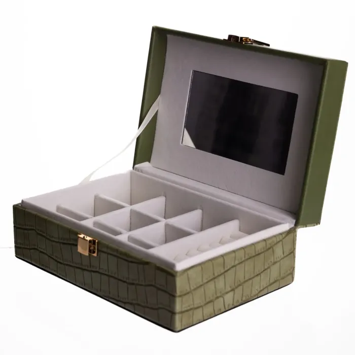 Скринька для прикрас з еко шкіри 10 відділень з дзеркалом 20×14×8 см Зелений HP-5-19GR (HP-5-19GR) - зображення 2