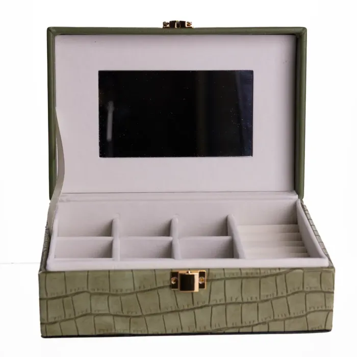 Скринька для прикрас з еко шкіри 10 відділень з дзеркалом 20×14×8 см Зелений HP-5-19GR (HP-5-19GR) - зображення 3