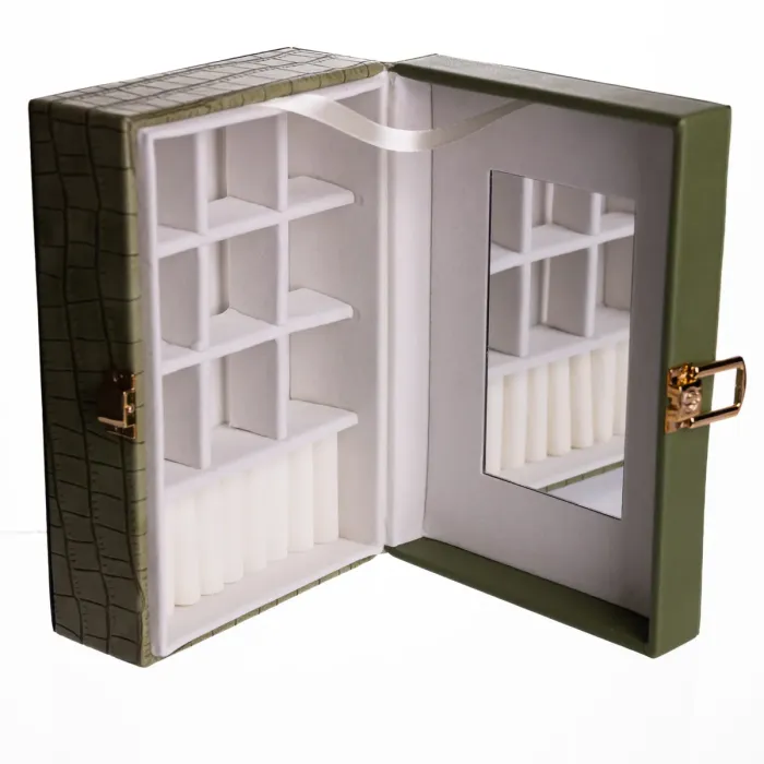 Скринька для прикрас з еко шкіри 10 відділень з дзеркалом 20×14×8 см Зелений HP-5-19GR (HP-5-19GR) - зображення 4