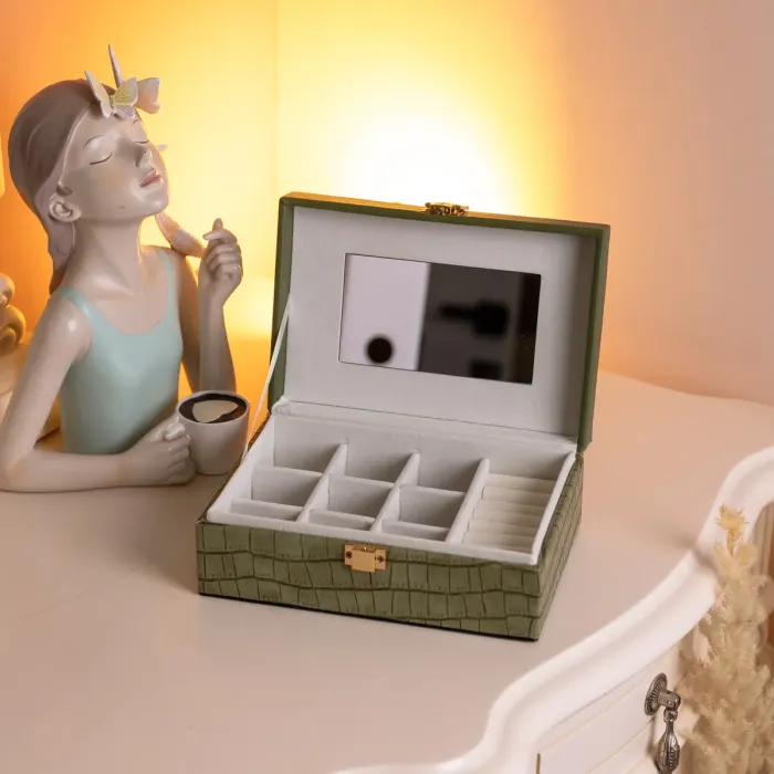 Скринька для прикрас з еко шкіри 10 відділень з дзеркалом 20×14×8 см Зелений HP-5-19GR (HP-5-19GR) - зображення 5