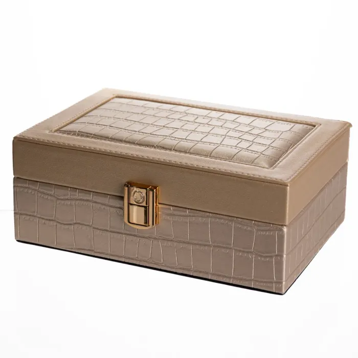 Скринька для прикрас з еко шкіри 10 відділень з дзеркалом 20×14×8 см Золотистий HP-5-19GOLD (HP-5-19GOLD) - зображення 1