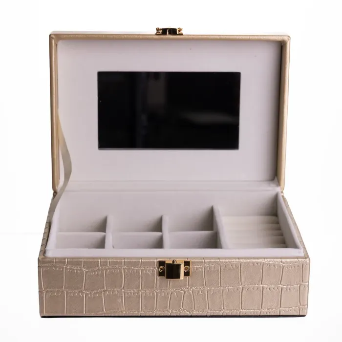 Скринька для прикрас з еко шкіри 10 відділень з дзеркалом 20×14×8 см Золотистий HP-5-19GOLD (HP-5-19GOLD) - зображення 2