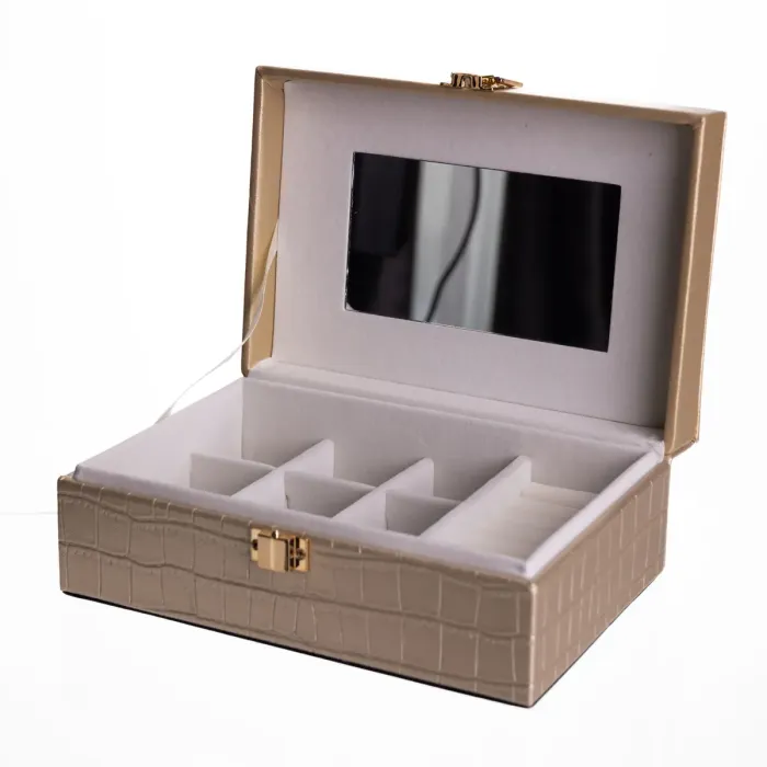 Скринька для прикрас з еко шкіри 10 відділень з дзеркалом 20×14×8 см Золотистий HP-5-19GOLD (HP-5-19GOLD) - зображення 3