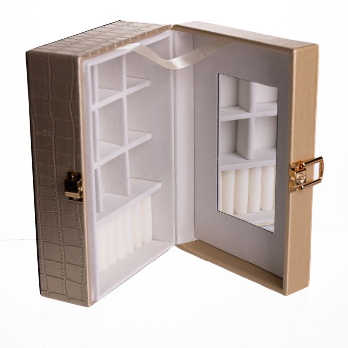 Скринька для прикрас з еко шкіри 10 відділень з дзеркалом 20×14×8 см Золотистий HP-5-19GOLD (HP-5-19GOLD) - изображение 4