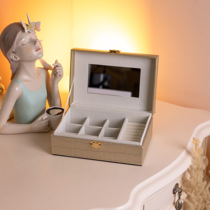 Скринька для прикрас з еко шкіри 10 відділень з дзеркалом 20×14×8 см Золотистий HP-5-19GOLD (HP-5-19GOLD) - изображение 5