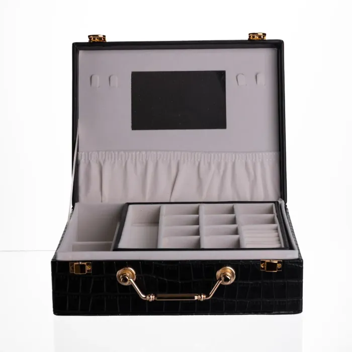 Скринька для прикрас з еко шкіри 19 відділень з дзеркалом 23.5×14×8 см Чорний HP-5-20B (HP-5-20B) - зображення 2