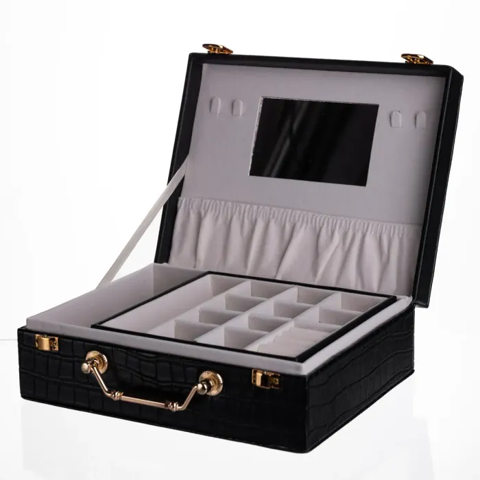 Скринька для прикрас з еко шкіри 19 відділень з дзеркалом 23.5×14×8 см Чорний HP-5-20B (HP-5-20B) - зображення 3