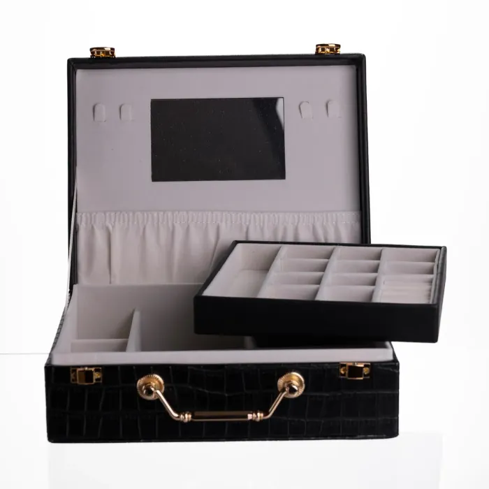 Скринька для прикрас з еко шкіри 19 відділень з дзеркалом 23.5×14×8 см Чорний HP-5-20B (HP-5-20B) - зображення 4