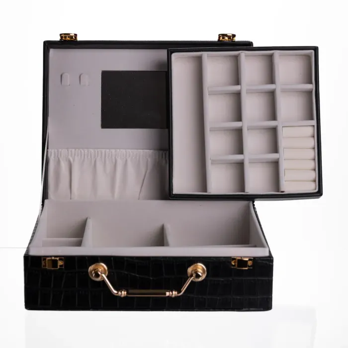 Скринька для прикрас з еко шкіри 19 відділень з дзеркалом 23.5×14×8 см Чорний HP-5-20B (HP-5-20B) - зображення 5