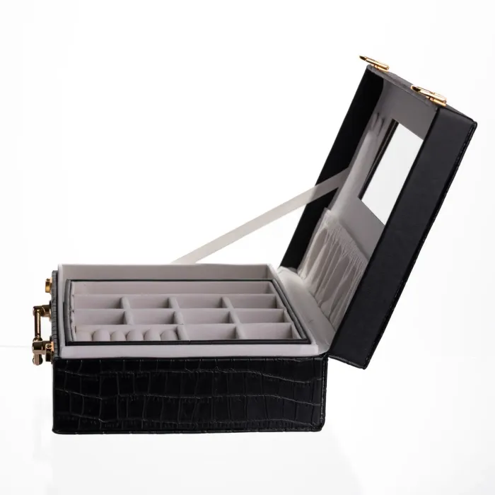Скринька для прикрас з еко шкіри 19 відділень з дзеркалом 23.5×14×8 см Чорний HP-5-20B (HP-5-20B) - зображення 6