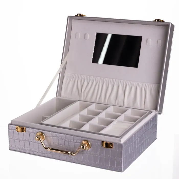 Скринька для прикрас з еко шкіри 19 відділень з дзеркалом 23.5×14×8 см Сірий HP-5-20G (HP-5-20G) - изображение 2